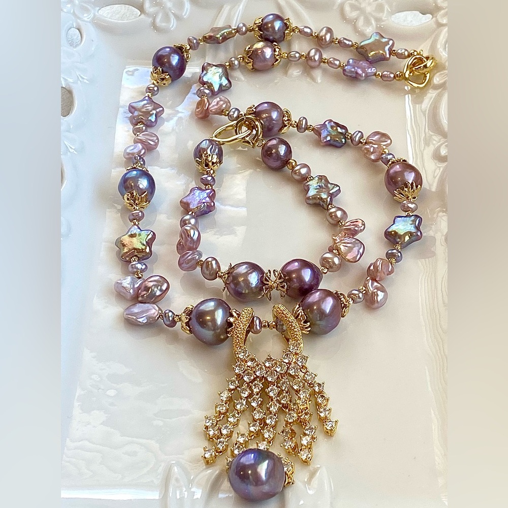 S33-High Quality Blueberry Edison Pearl And Star Nevklace And Bracelet Set
